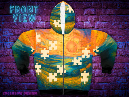 Missing Pieces – AOP Zip-Up Puzzle Hoodie | Unisex Statement Streetwear | All-Over Print by Invaluable Minutia