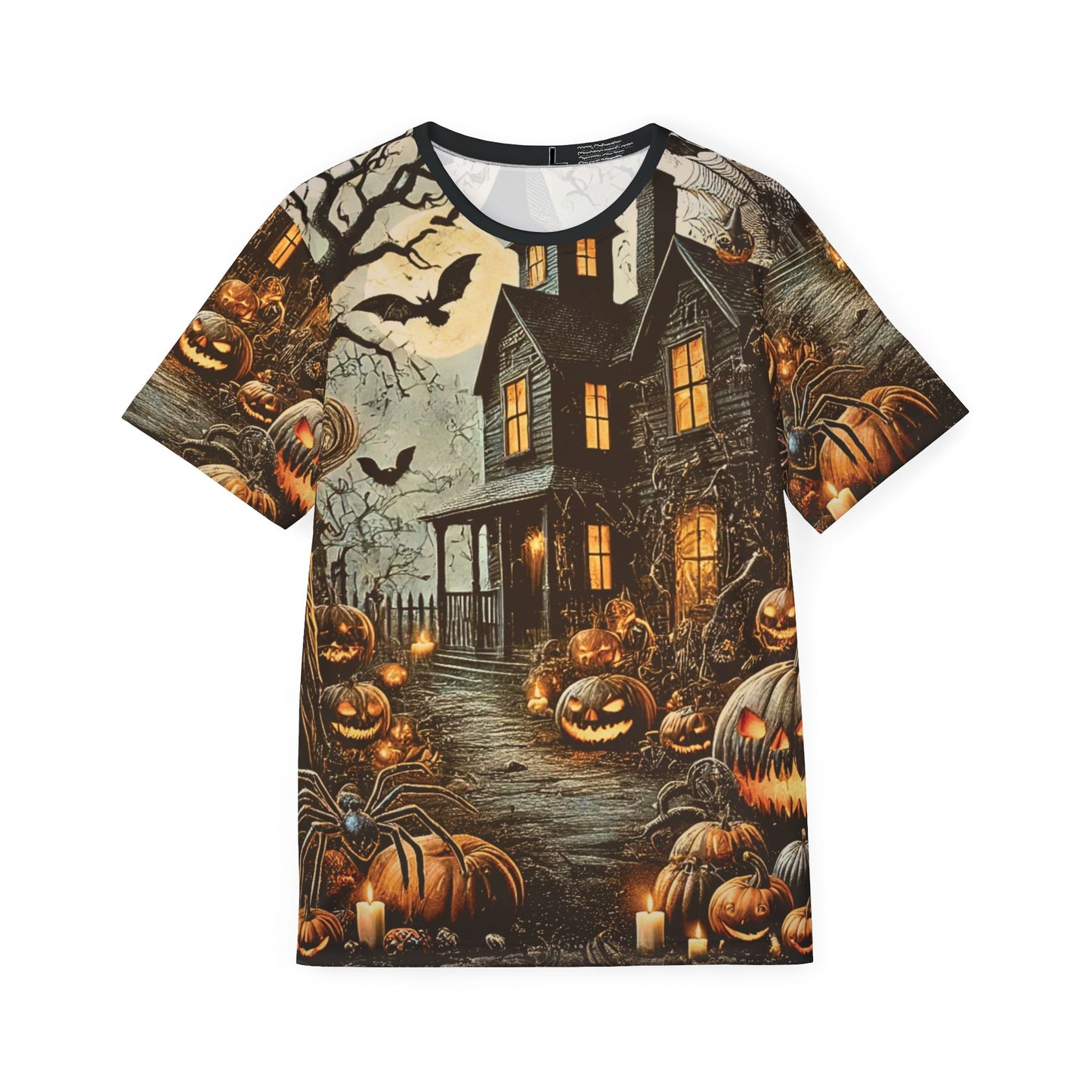 Haunted Pathway gothic AOP unisex t-shirt with pumpkins, bats, and haunted house design. Vintage Halloween fashion tee.