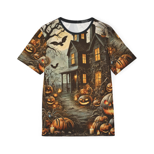 Haunted Pathway gothic AOP unisex t-shirt with pumpkins, bats, and haunted house design. Vintage Halloween fashion tee.