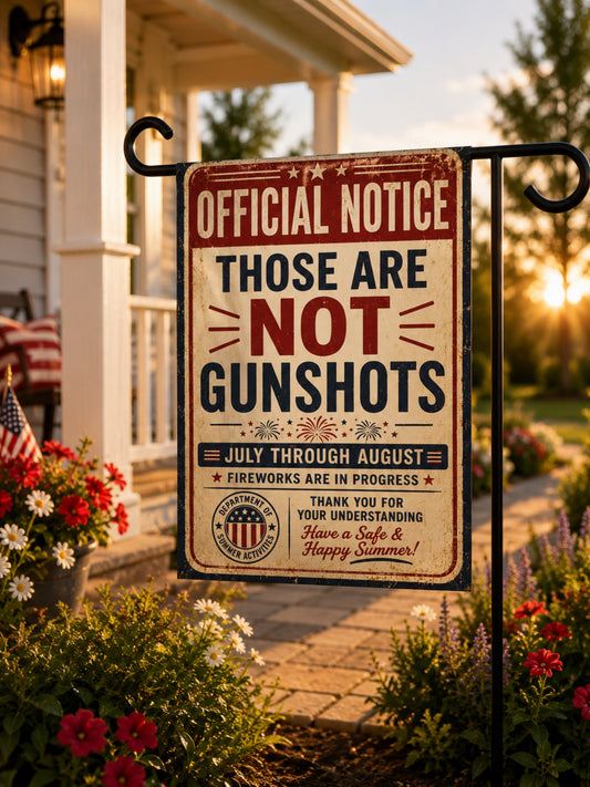 Garden Flag - "Official Notice: Those Are Not Gunshots" Patriotic Fireworks Garden Banner or House Flag