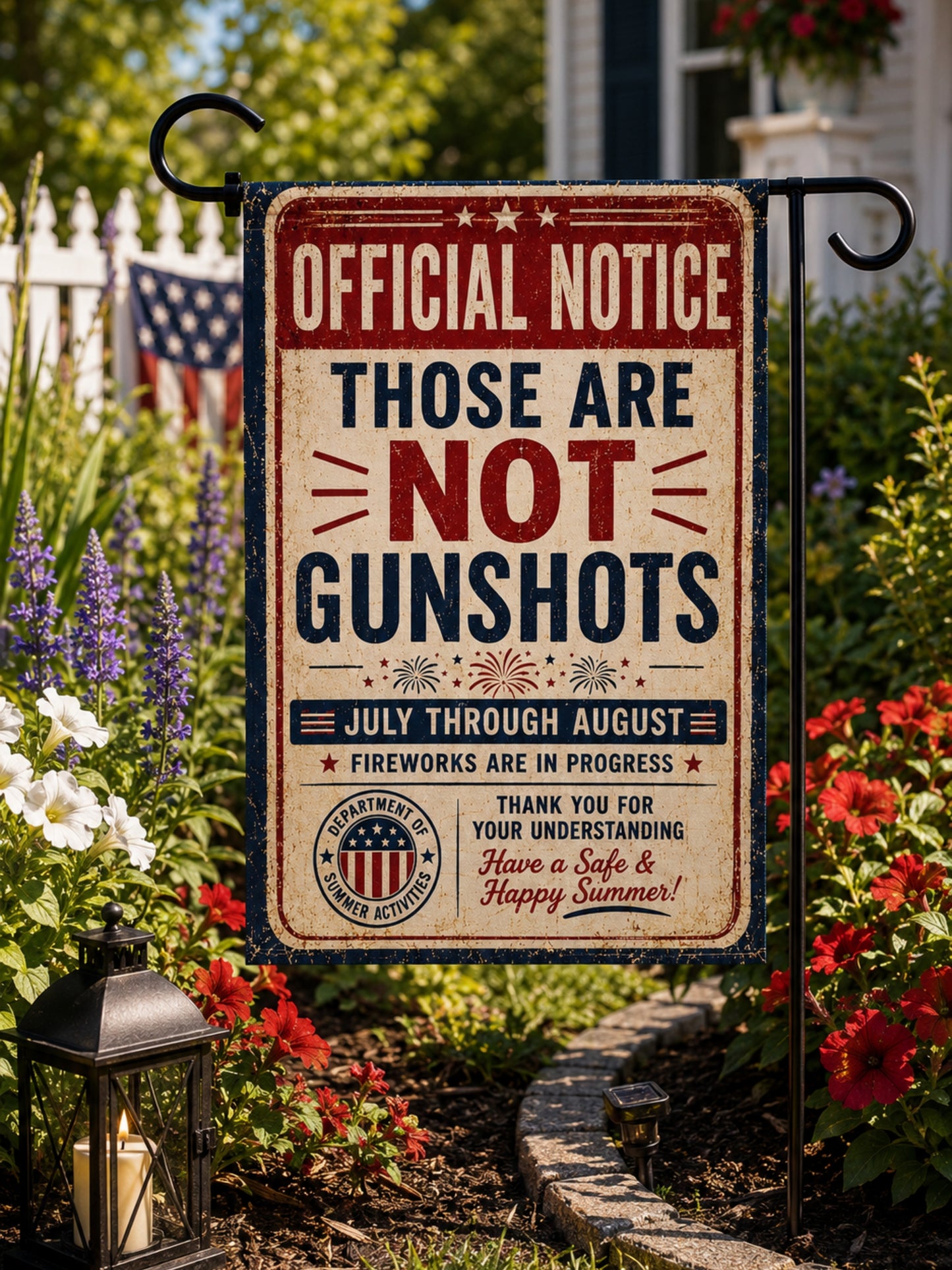 Garden Flag - "Official Notice: Those Are Not Gunshots" Patriotic Fireworks Garden Banner or House Flag