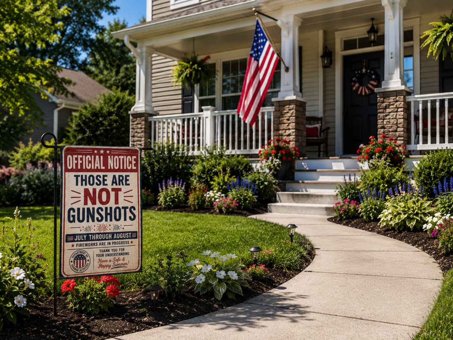Garden Flag - "Official Notice: Those Are Not Gunshots" Patriotic Fireworks Garden Banner or House Flag