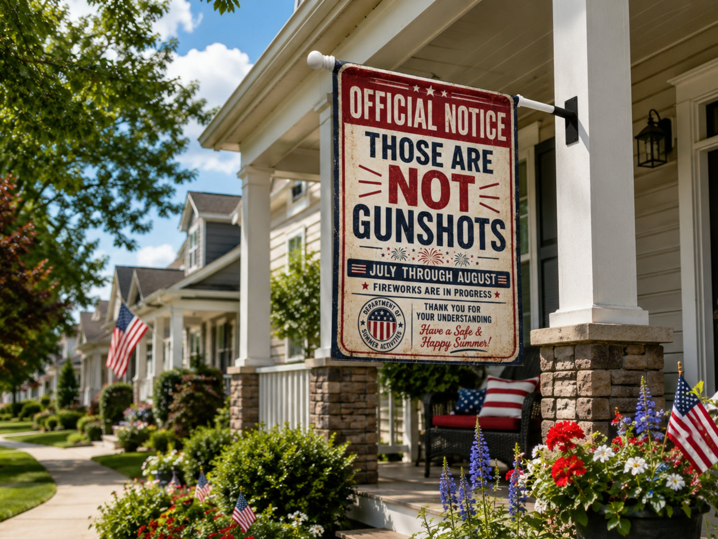 Garden Flag - "Official Notice: Those Are Not Gunshots" Patriotic Fireworks Garden Banner or House Flag