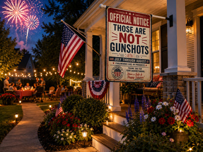 Garden Flag - "Official Notice: Those Are Not Gunshots" Patriotic Fireworks Garden Banner or House Flag