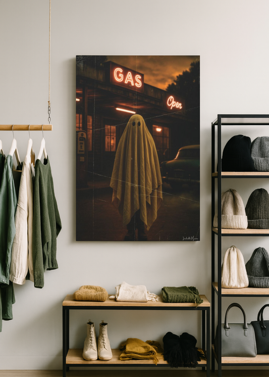 Ghost Gas Station Canvas Print – Retro Halloween Wall Art | Spooky Ghostcore Decor, Vintage Horror Aesthetic, Vertical Canvas