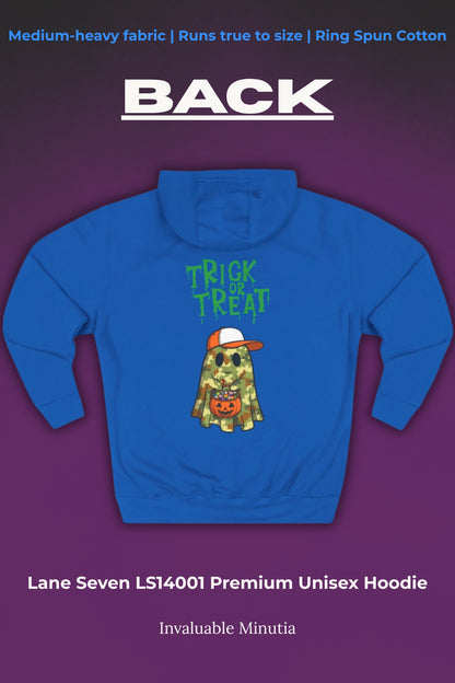 Trick-or-Treater Ghost Hoodie – Cute Camo Halloween Design | Premium Fleece (Front & Back Print) – Lane Seven LS14001