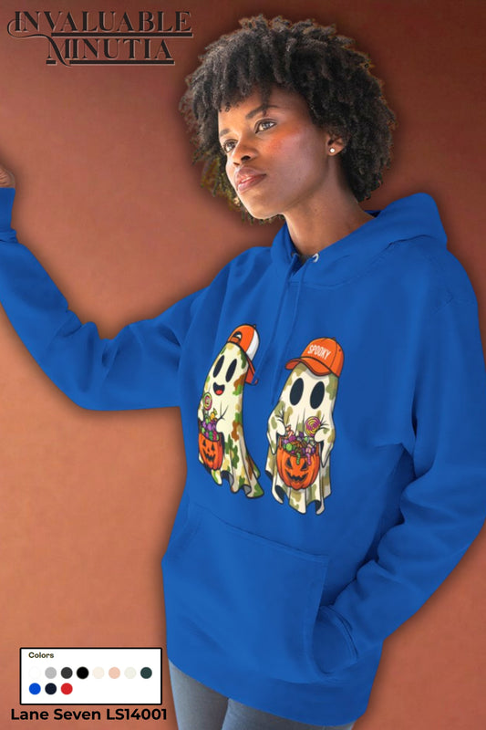 Trick-or-Treater Ghost Hoodie – Cute Camo Halloween Design | Premium Fleece (Front & Back Print) – Lane Seven LS14001