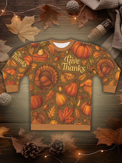 Give Thanks AOP Unisex Sweatshirt | Thanksgiving Pumpkins, Turkeys & Pie | Fall Gratitude Sweater | Free Worldwide Shipping