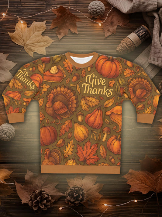 Give Thanks AOP Unisex Sweatshirt | Thanksgiving Pumpkins, Turkeys & Pie | Fall Gratitude Sweater | Free Worldwide Shipping