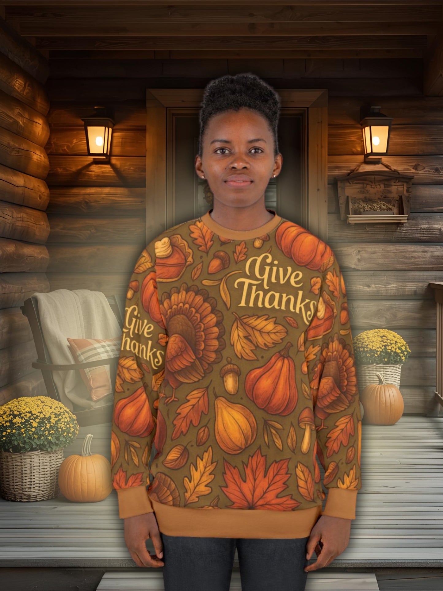 Give Thanks AOP Unisex Sweatshirt | Thanksgiving Pumpkins, Turkeys & Pie | Fall Gratitude Sweater | Free Worldwide Shipping