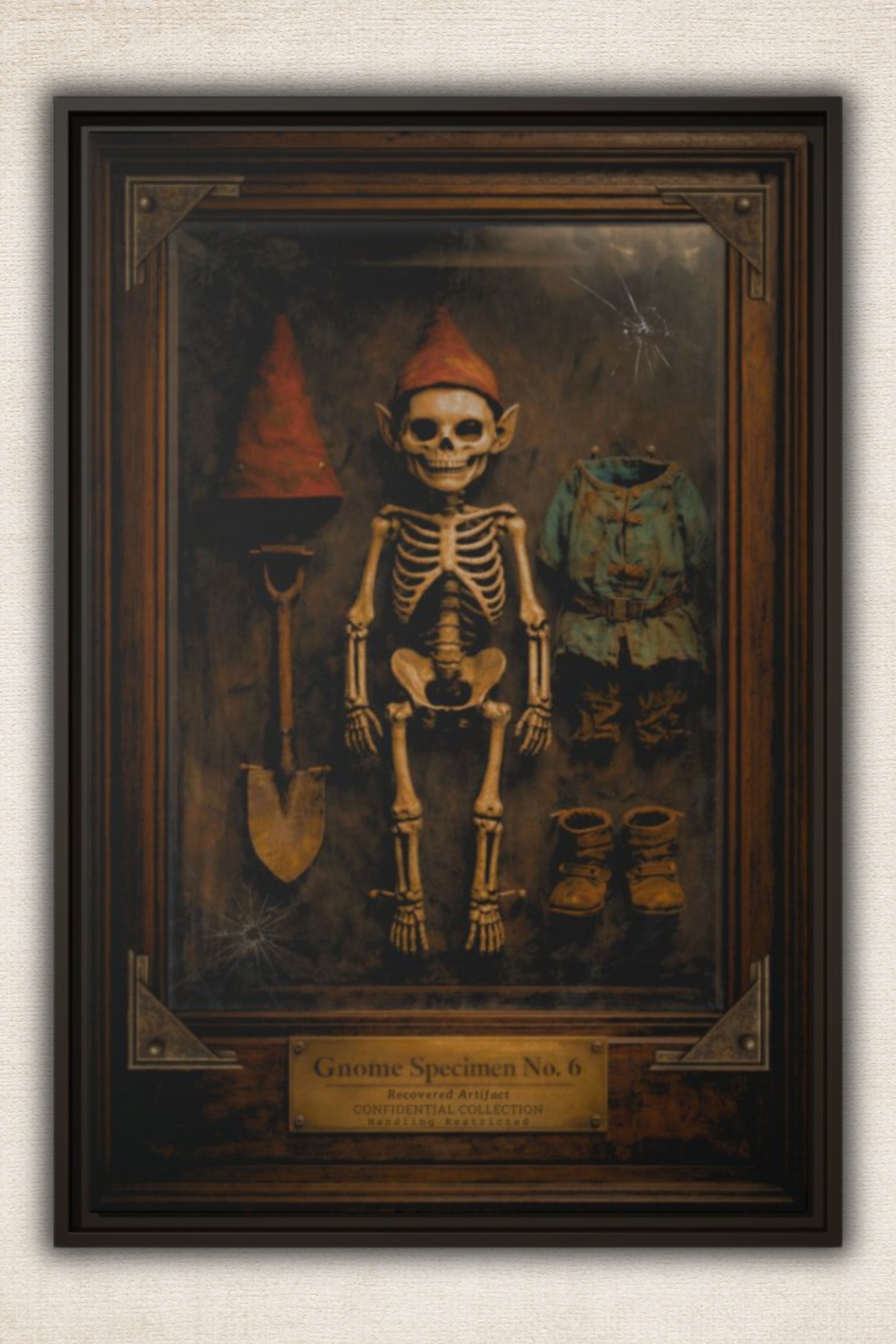 Gnome Specimen No. 6 Framed Canvas Print – Dark Curiosity Cabinet Wall Art, Gothic Skeleton Gnome Decor