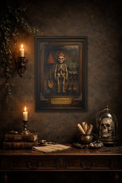 Gnome Specimen No. 6 Framed Canvas Print – Dark Curiosity Cabinet Wall Art, Gothic Skeleton Gnome Decor