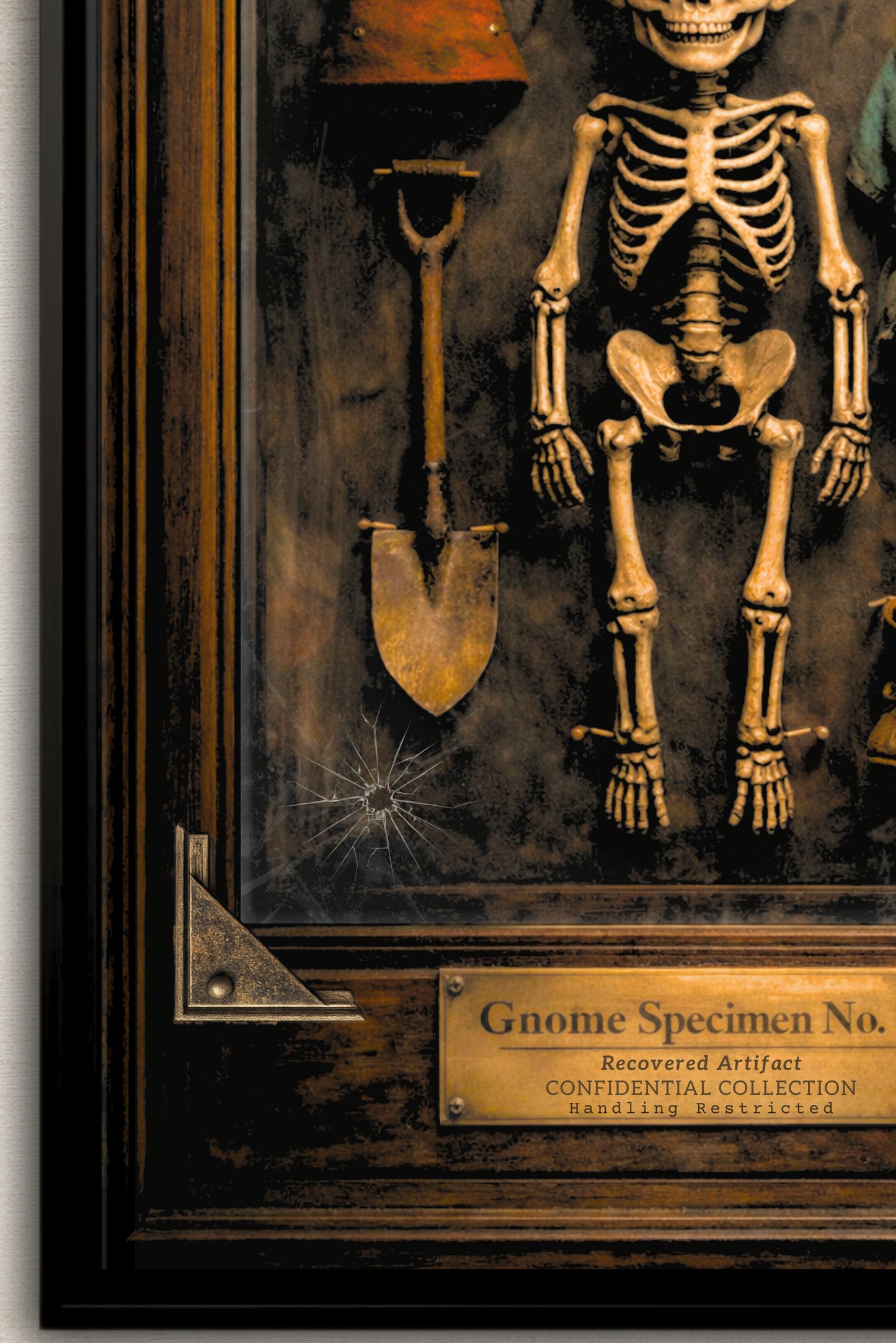 Gnome Specimen No. 6 Framed Canvas Print – Dark Curiosity Cabinet Wall Art, Gothic Skeleton Gnome Decor