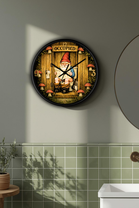 Funny Gnome Toilet Wall Clock – “Occupied” Bathroom Decor 10"