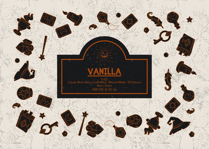 Close-up of Vanilla candle label featuring Halloween-style orange and black icons including witch hats, potion bottles, and crystals. Eco luxe clean-burn wood wick candle, Invaluable Minutia exclusive.