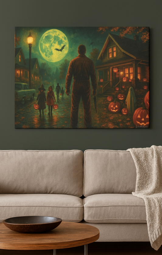 Halloween Neighborhood Scene Canvas Print – Retro Suburban Trick-or-Treat, Glowing Pumpkins & Full Moon Wall Art