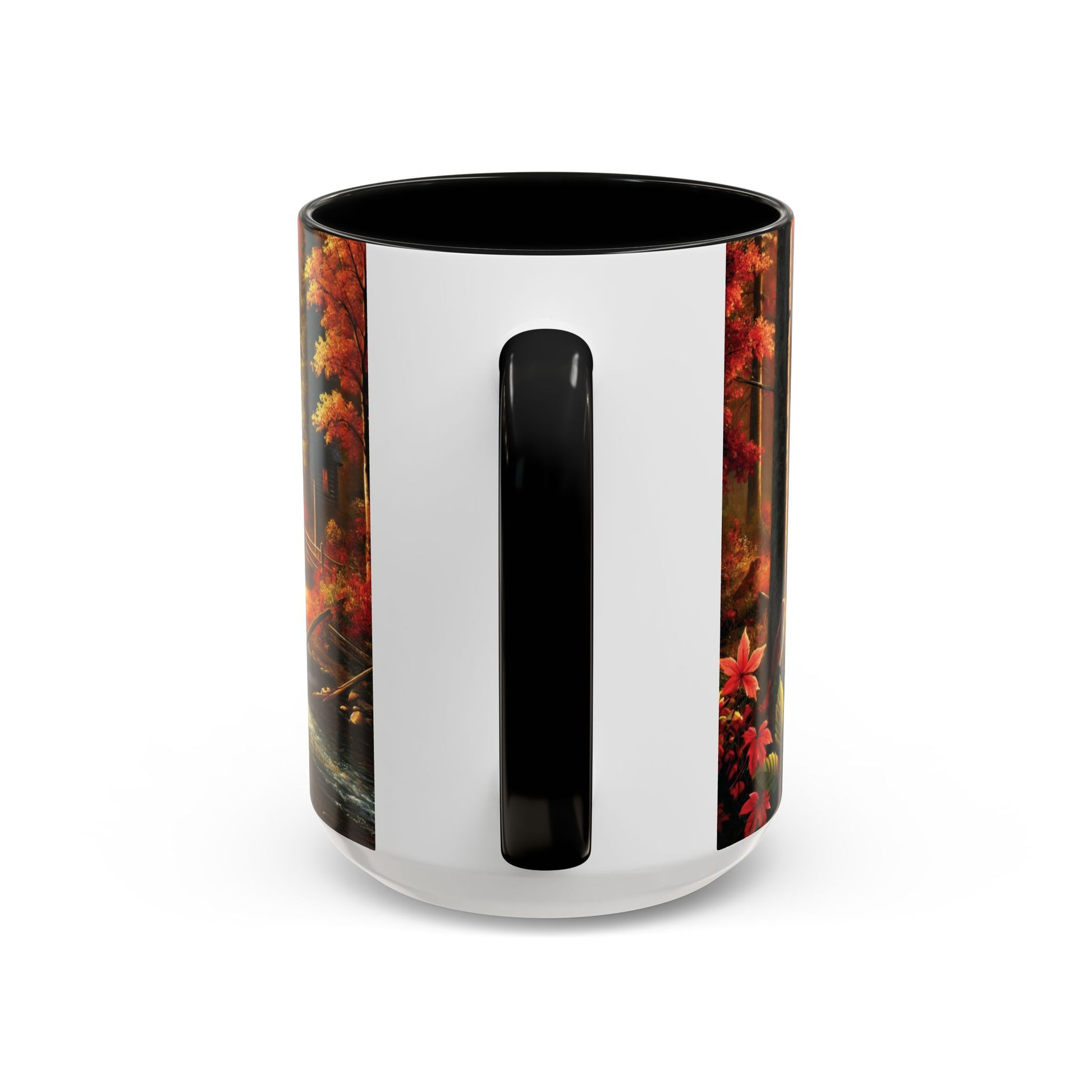 15oz Black Accent Cozy Autumn Forest Cabin Mug Scene | Fall Vibes Accent Coffee Mug (11oz/15oz) | Invaluable Minutia - Handle Back Side View