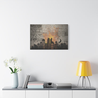 House on Fire – Vintage Newspaper Collage Canvas Wall Art