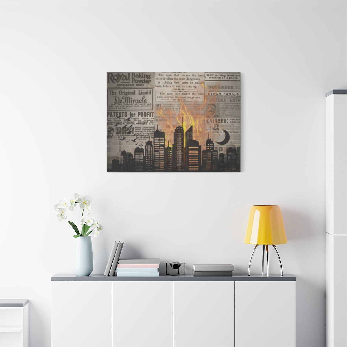 House on Fire – Vintage Newspaper Collage Canvas Wall Art