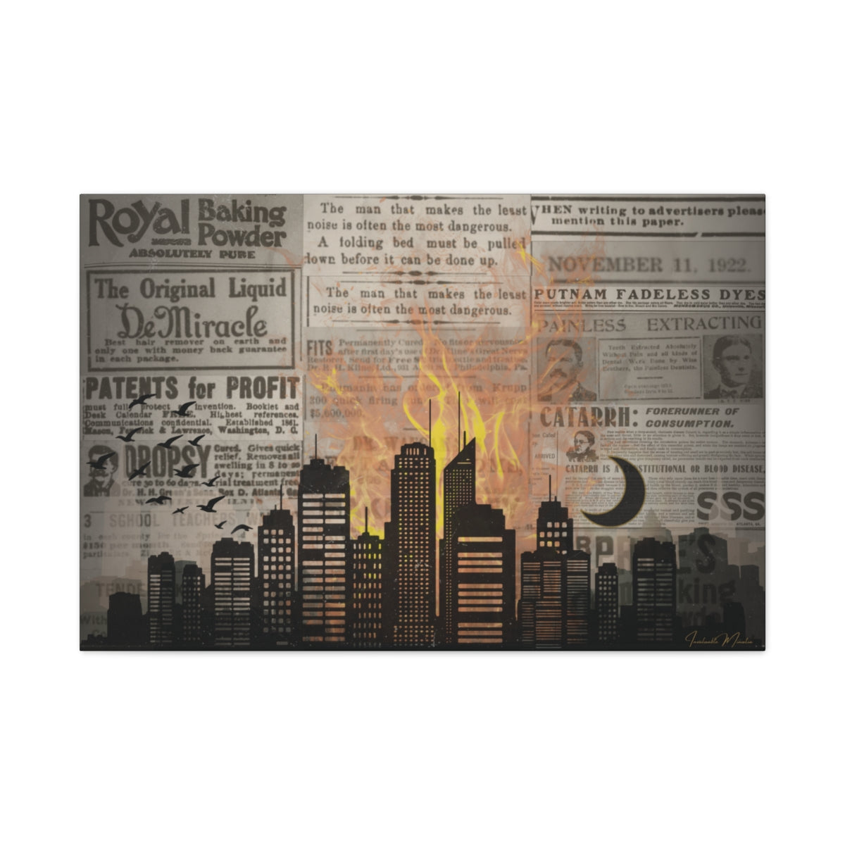 House on Fire – Vintage Newspaper Collage Canvas Wall Art