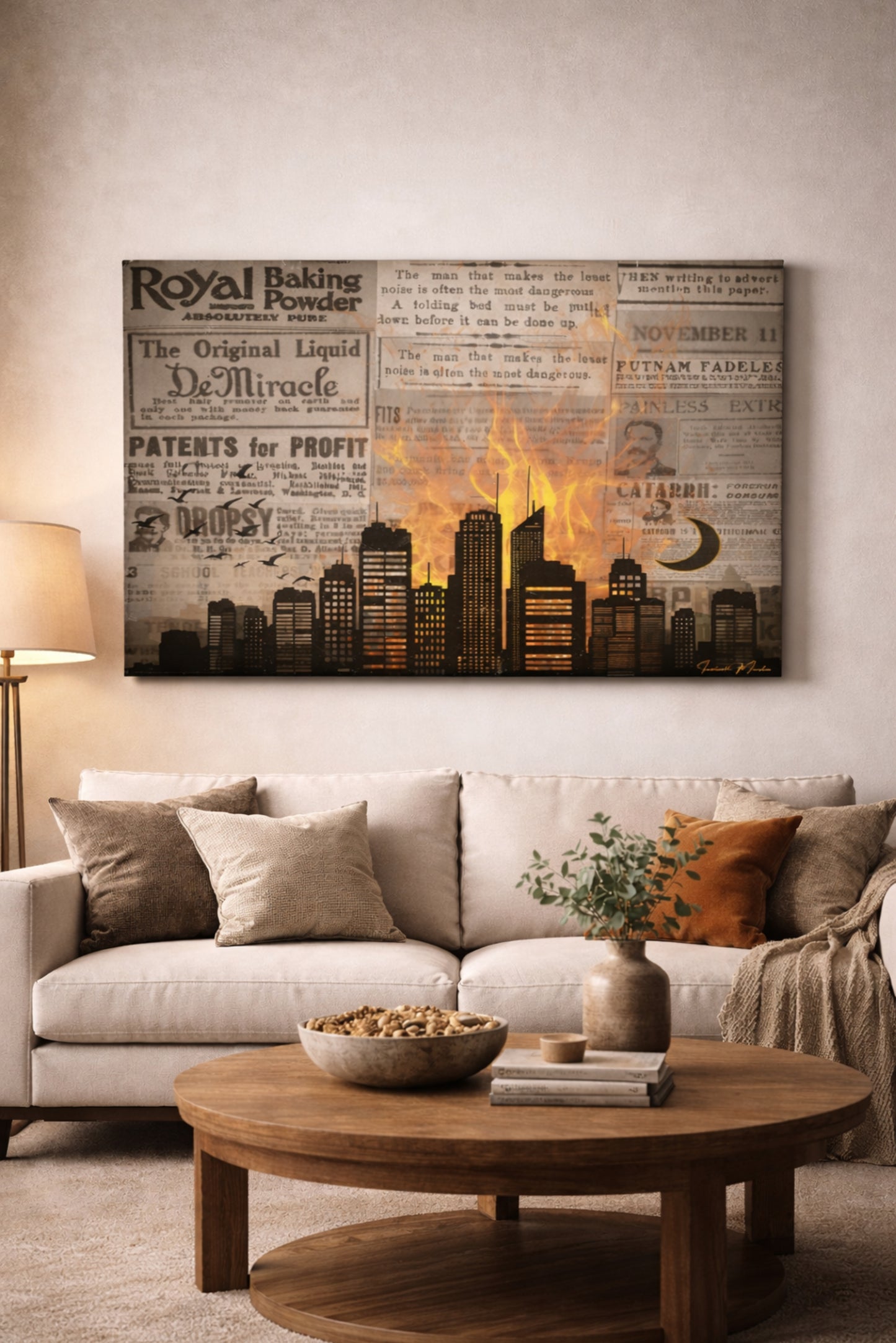 House on Fire – Vintage Newspaper Collage Canvas Wall Art