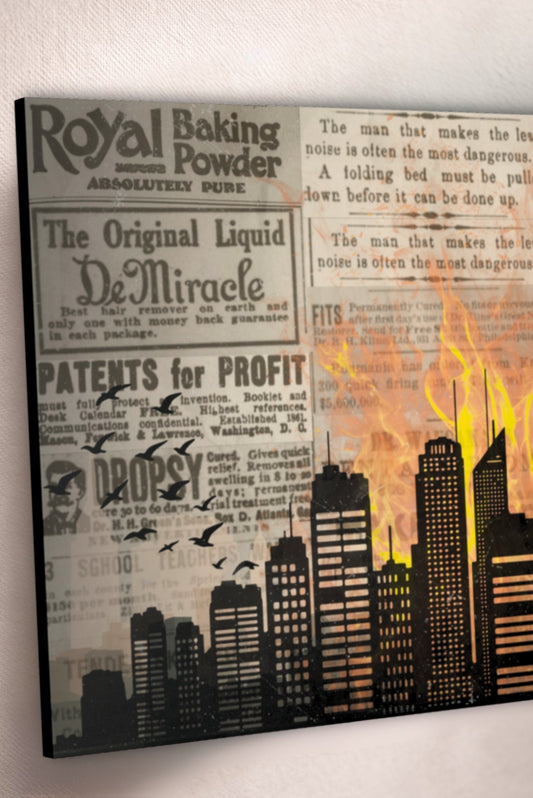 House on Fire – Vintage Newspaper Collage Canvas Wall Art