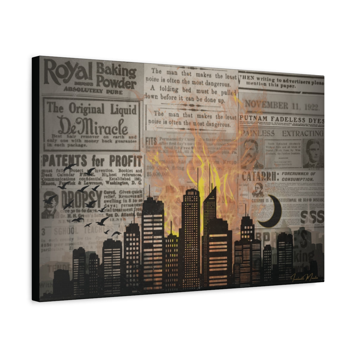 House on Fire – Vintage Newspaper Collage Canvas Wall Art