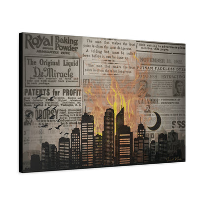 House on Fire – Vintage Newspaper Collage Canvas Wall Art