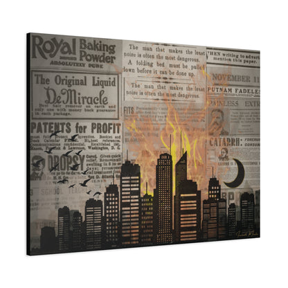 House on Fire – Vintage Newspaper Collage Canvas Wall Art