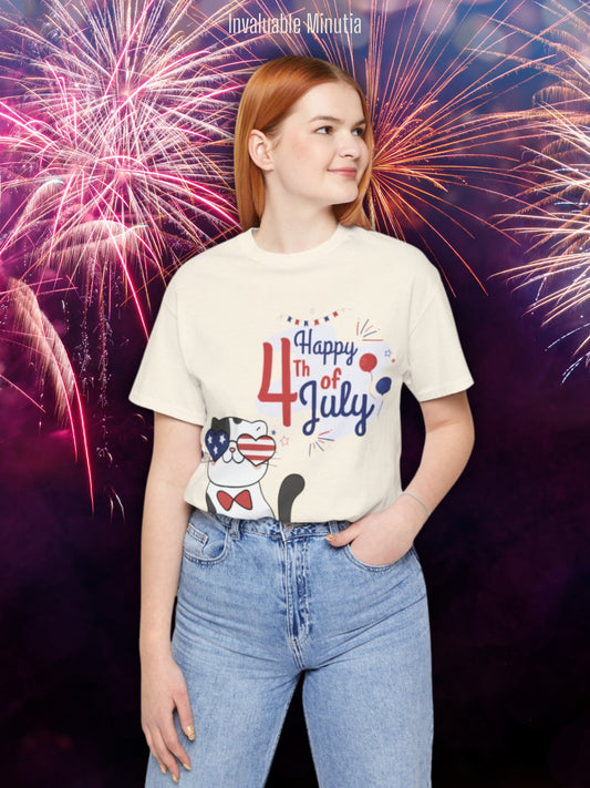 Patriotic Party Cat Tee – Happy 4th of July – Unisex Bella+Canvas Jersey Tee