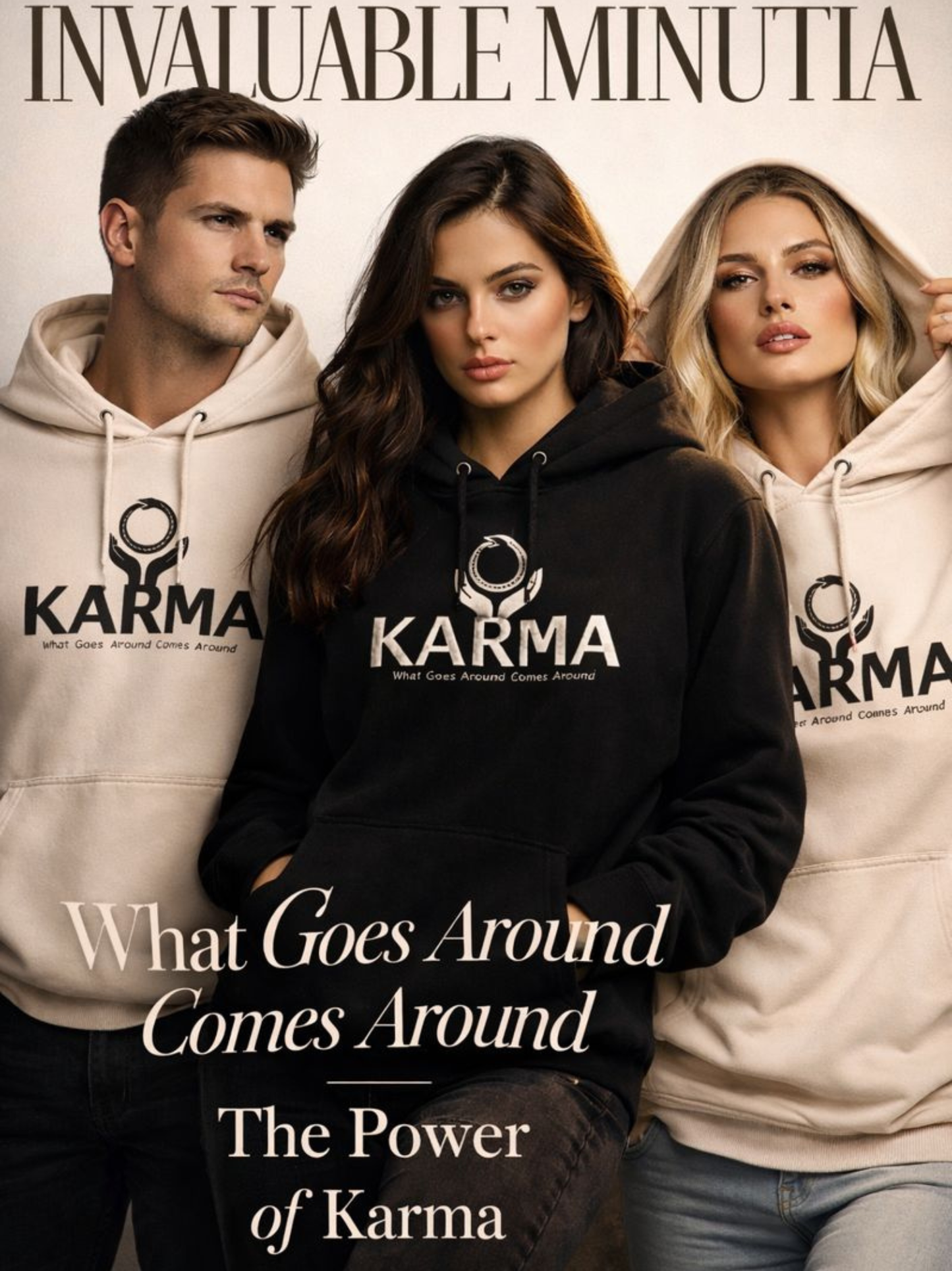 Models wearing the Karma “What Goes Around Comes Around” unisex hoodie by Invaluable Minutia, shown in black and cream colorways in a styled fashion shoot.