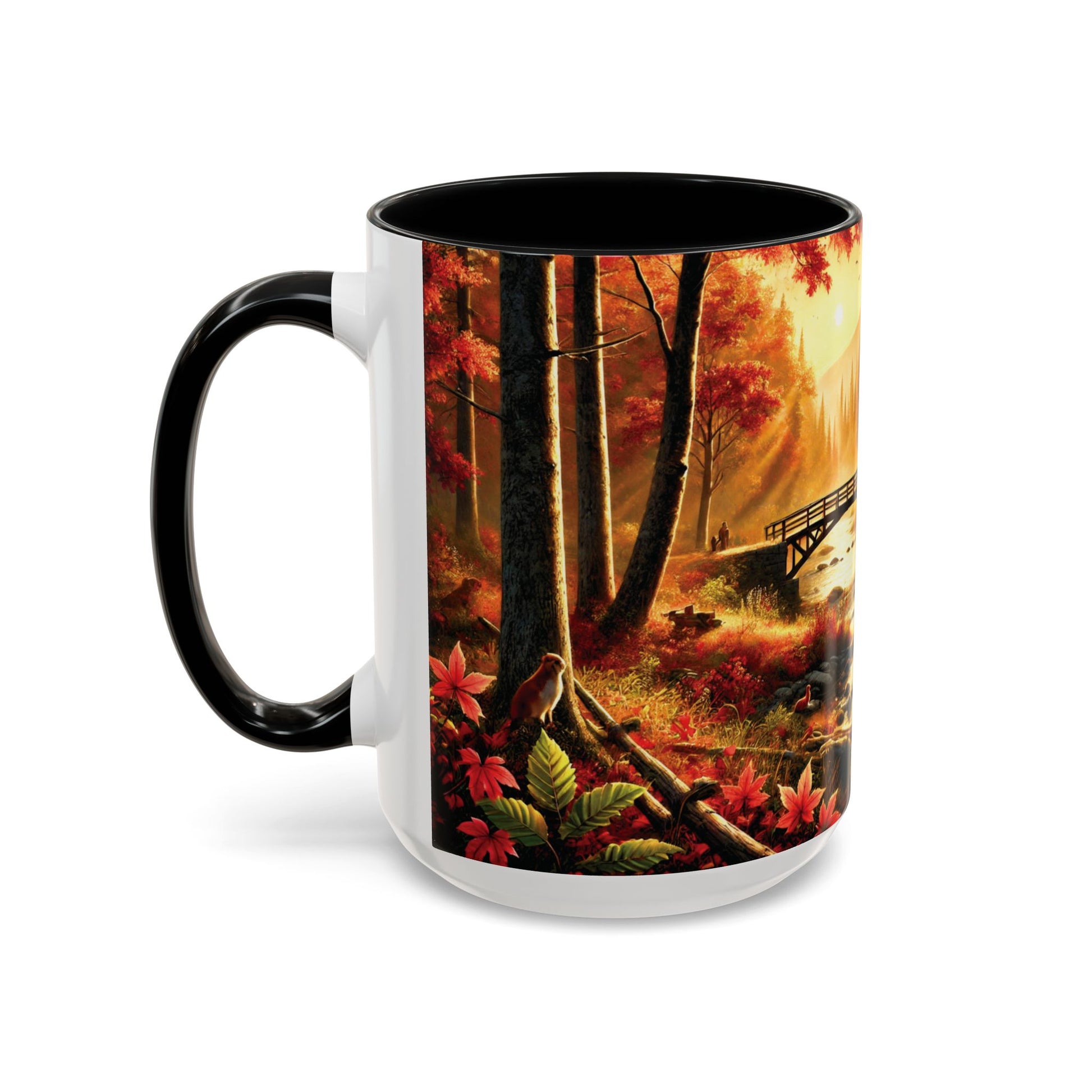 15oz Black Accent Cozy Autumn Forest Cabin Mug Scene | Fall Vibes Accent Coffee Mug (11oz/15oz) | Invaluable Minutia - Left Side View