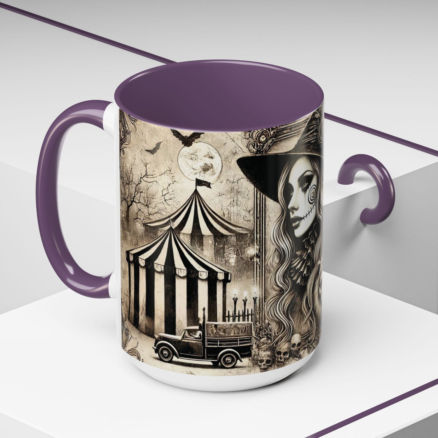 Left side 15oz Purple accent Creepy circus witch vintage Halloween accent coffee mug. Spooky boutique drinkware design in 11oz and 15oz sizes by Invaluable Minutia.