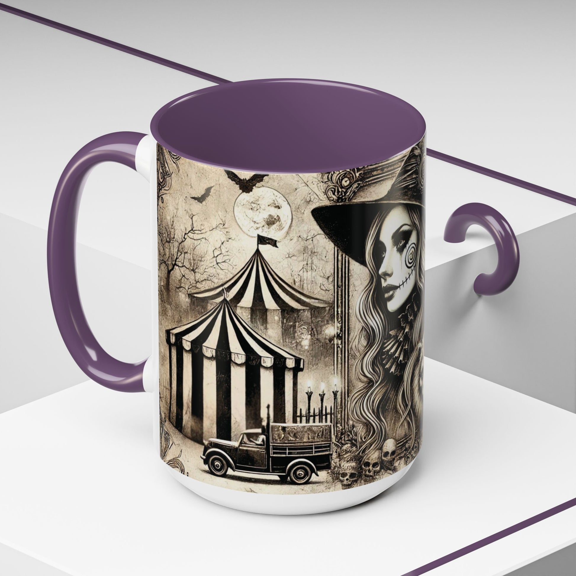 Left side 15oz Purple accent Creepy circus witch vintage Halloween accent coffee mug. Spooky boutique drinkware design in 11oz and 15oz sizes by Invaluable Minutia.