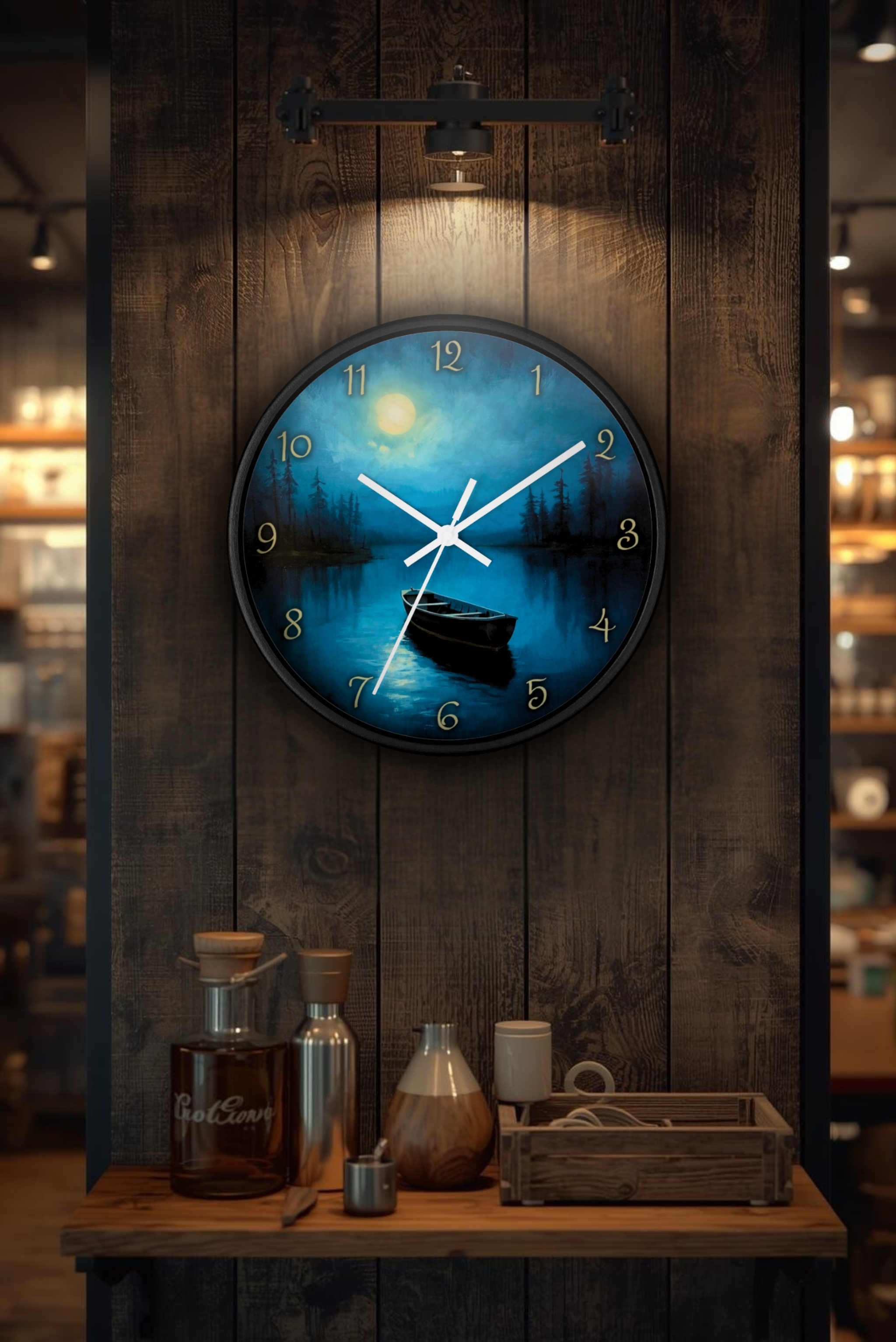 Moonlit Lake Wall Clock – Serene Night Boat Scene 10