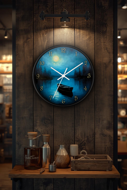 Moonlit Lake Wall Clock – Serene Night Boat Scene 10" Decor