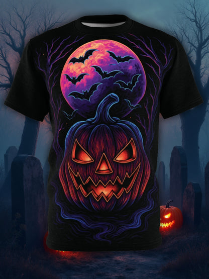 Neon Jack-o'-Lantern AOP Halloween T-shirt – Glödande pumpa och fladdermöss Extra stort tryck T-shirt (heltryck)