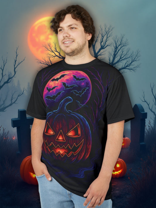 Neon Jack-o'-Lantern AOP Halloween T-shirt – Glödande pumpa och fladdermöss Extra stort tryck T-shirt (heltryck)