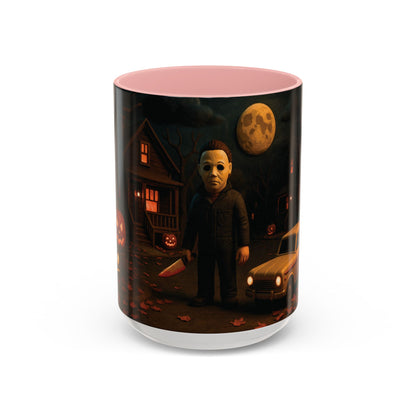 Pink Accent Clay-style Halloween night 15oz mug featuring a slasher character with mask and knife, standing in front of a haunted house under a full moon — Pink accent coffee mug with pink interior, spooky horror design.