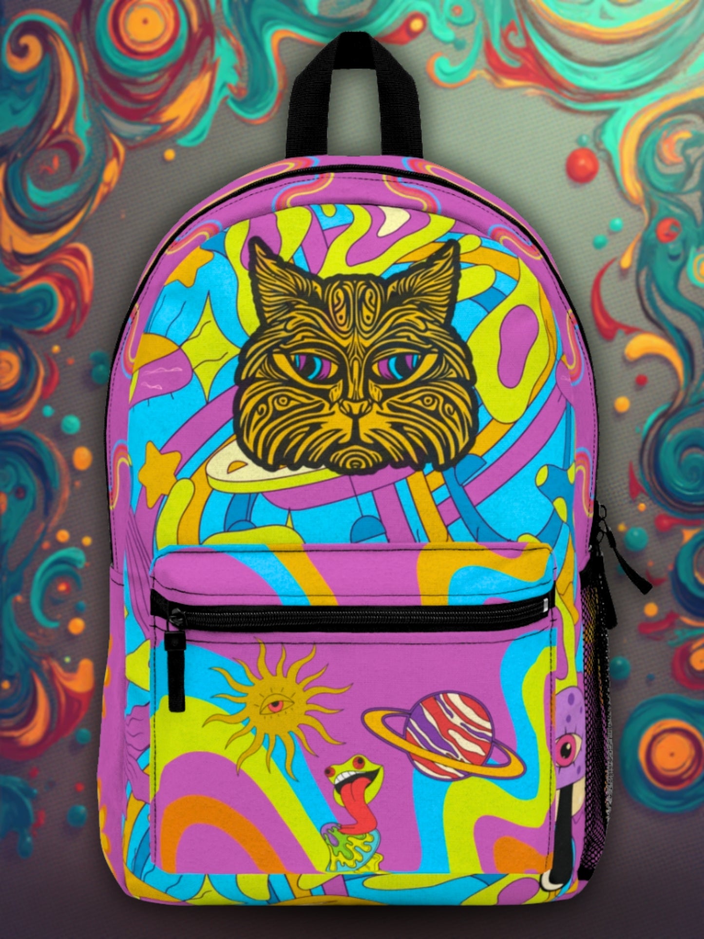 Psykedelisk katt AOP-ryggsäck – Trippy kosmiskt tryck, hållbar sublimerad design, Weirdcore-skolväska