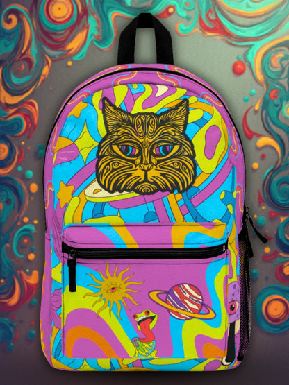 Psykedelisk katt AOP-ryggsäck – Trippy kosmiskt tryck, hållbar sublimerad design, Weirdcore-skolväska