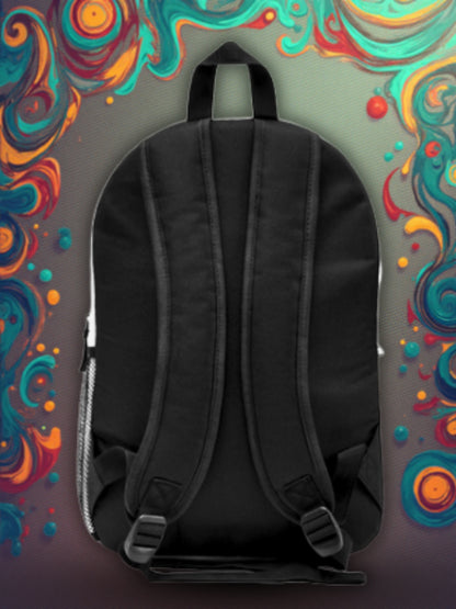 Psykedelisk katt AOP-ryggsäck – Trippy kosmiskt tryck, hållbar sublimerad design, Weirdcore-skolväska