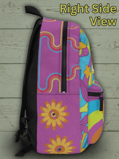 Psykedelisk katt AOP-ryggsäck – Trippy kosmiskt tryck, hållbar sublimerad design, Weirdcore-skolväska