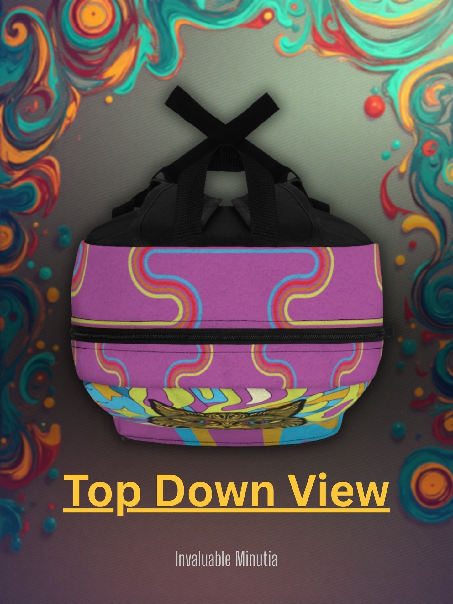 Psykedelisk katt AOP-ryggsäck – Trippy kosmiskt tryck, hållbar sublimerad design, Weirdcore-skolväska