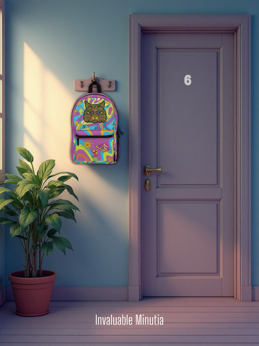 Psychedelic Cat AOP Backpack – Trippy Cosmic Print, Durable Sublimated Design, Weirdcore Travel Bag