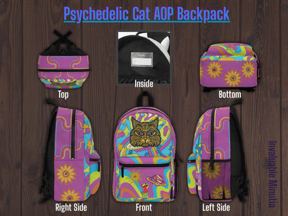 Psykedelisk katt AOP-ryggsäck – Trippy kosmiskt tryck, hållbar sublimerad design, Weirdcore-skolväska