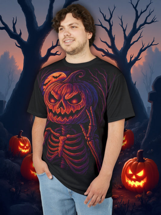 Skelettpumpahuvud AOP Halloween-t-shirt – Neon Spooky Jack-o'-Lantern Extra Large Print T-shirt (Heltryck)