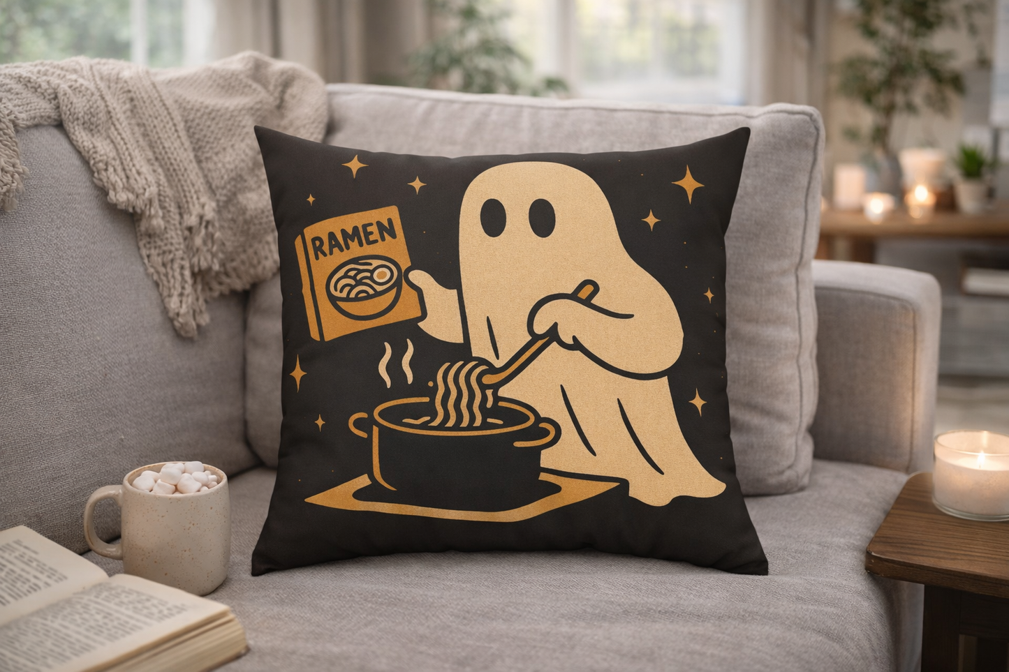 Ghost Making Ramen Canvas Throw Pillow