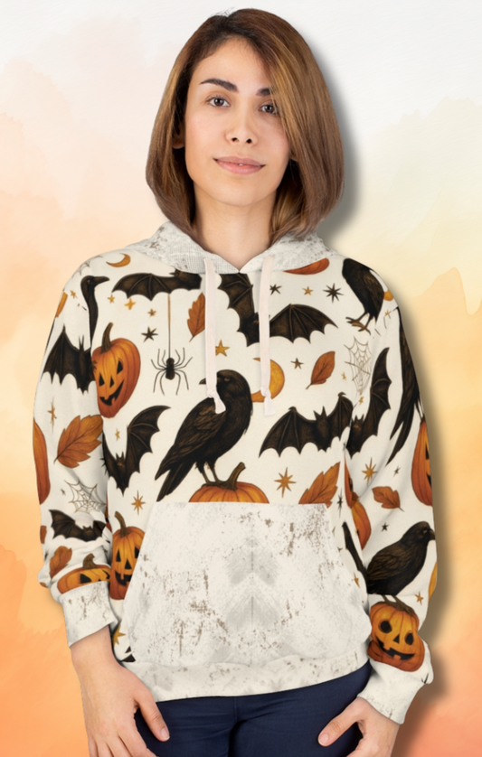 Vintage Halloween AOP Pullover Hoodie – Ravens, Pumpkins & Bats | Boutique Spooky Season Fashion