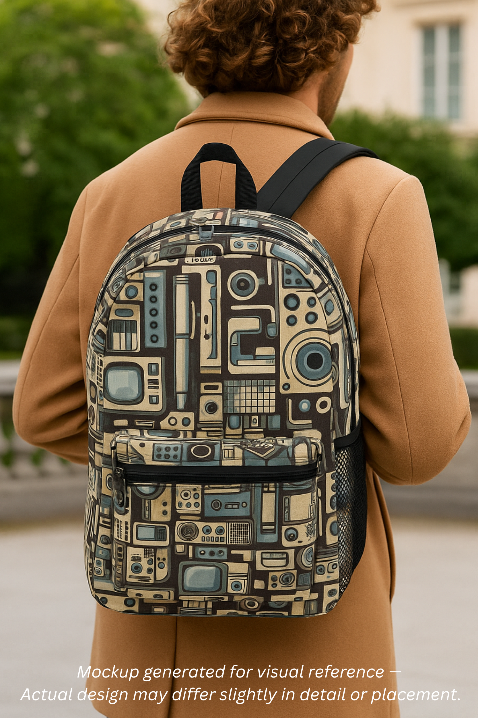 Retro Revival minimalist pattern backpack worn by model – vintage inspired all over print aesthetic school backpack by Invaluable Minutia